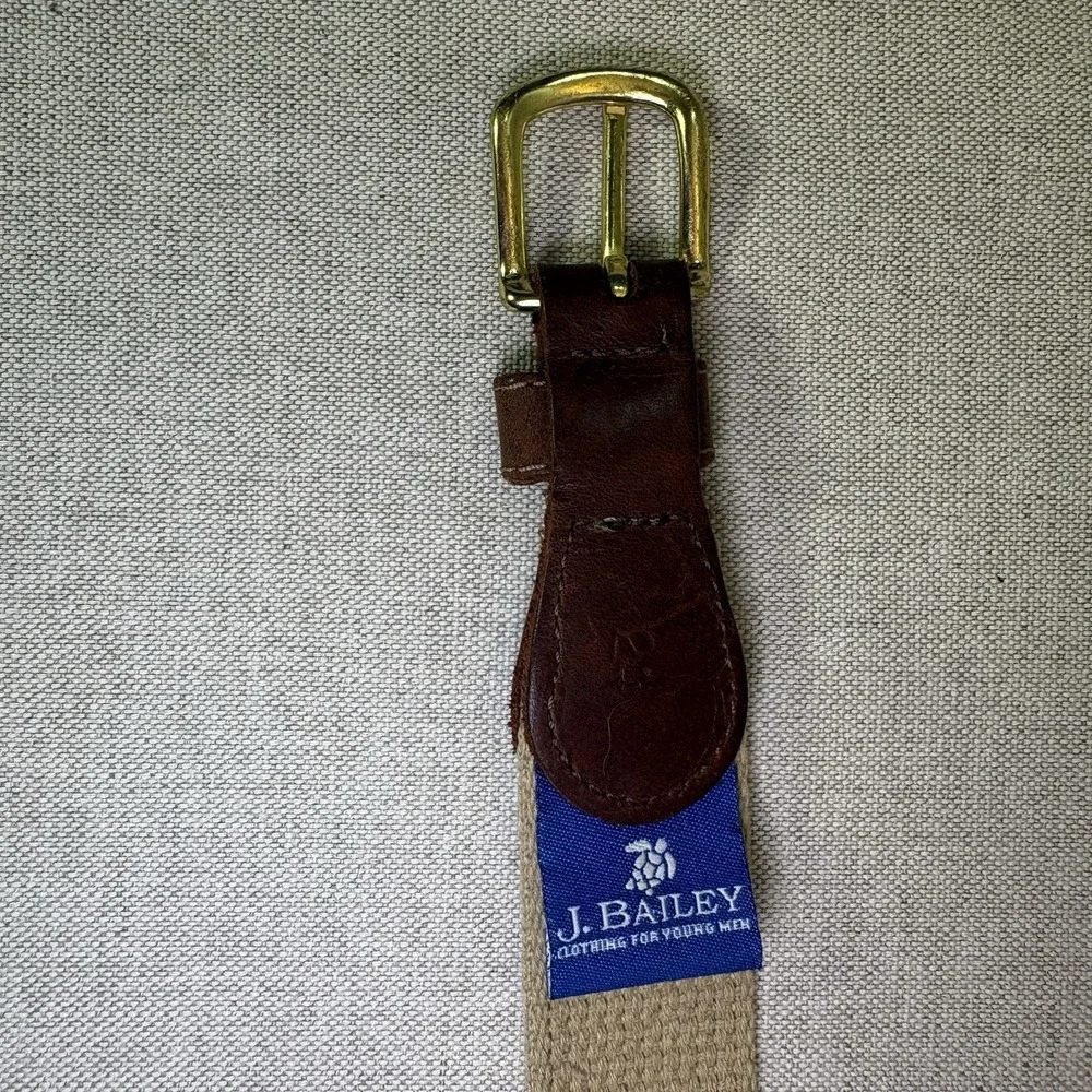 J. Bailey Boy's Canvas & Leather Surcingle Belt Khaki Beige Brass Buckle Sz 24